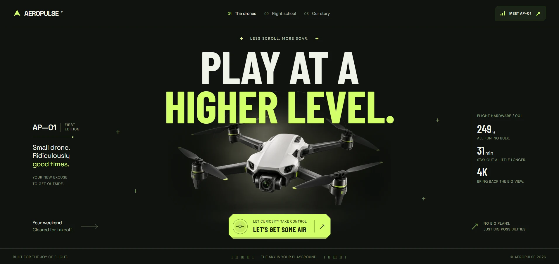 Drone product website with bold lime typography and a centered product photograph