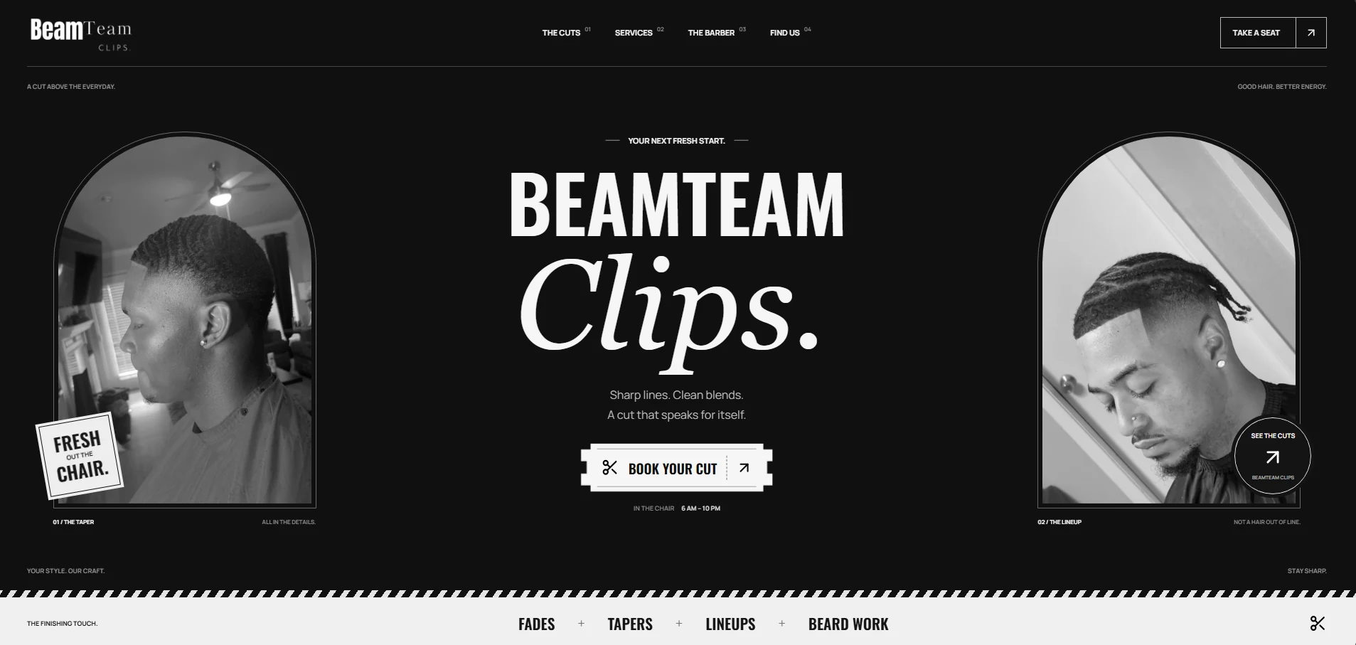 Barbershop website with black-and-white haircut photographs and an appointment booking button