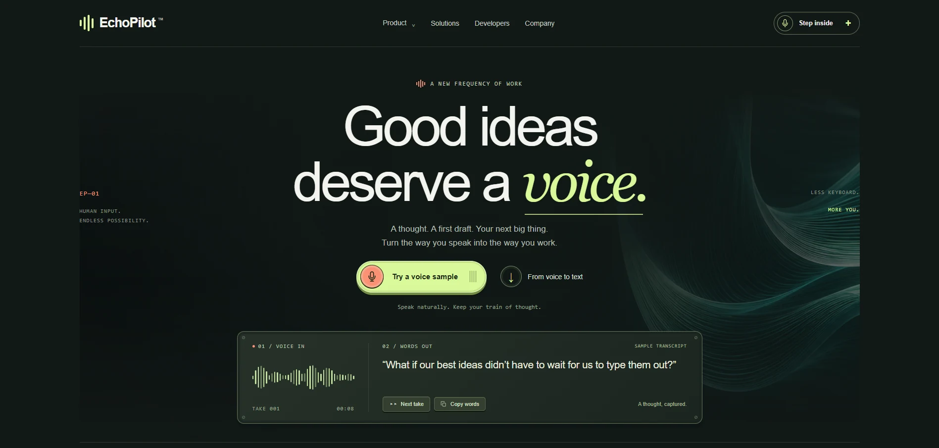 Voice technology website with an editorial headline, waveform details, and a transcript preview