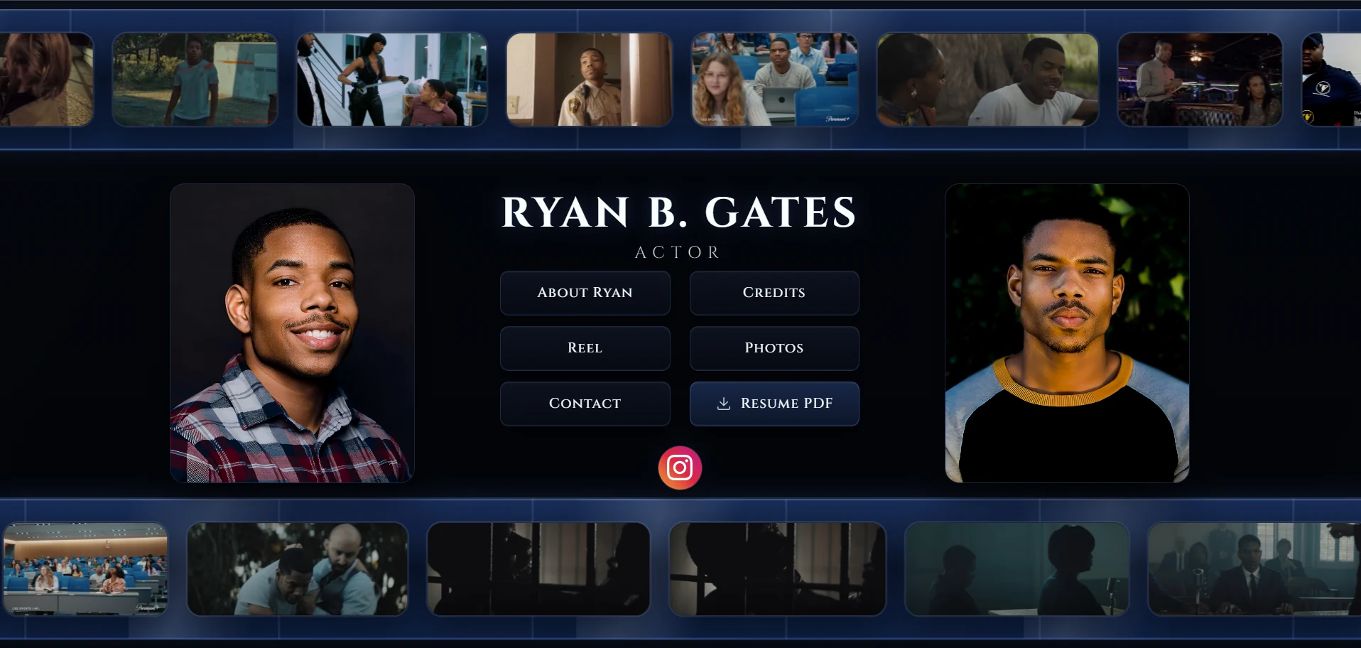 Dark cinematic actor portfolio homepage